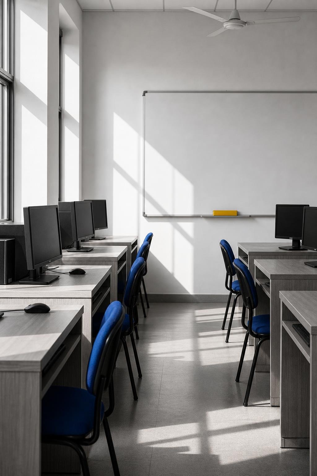 Rows of computers in a quiet training classroom